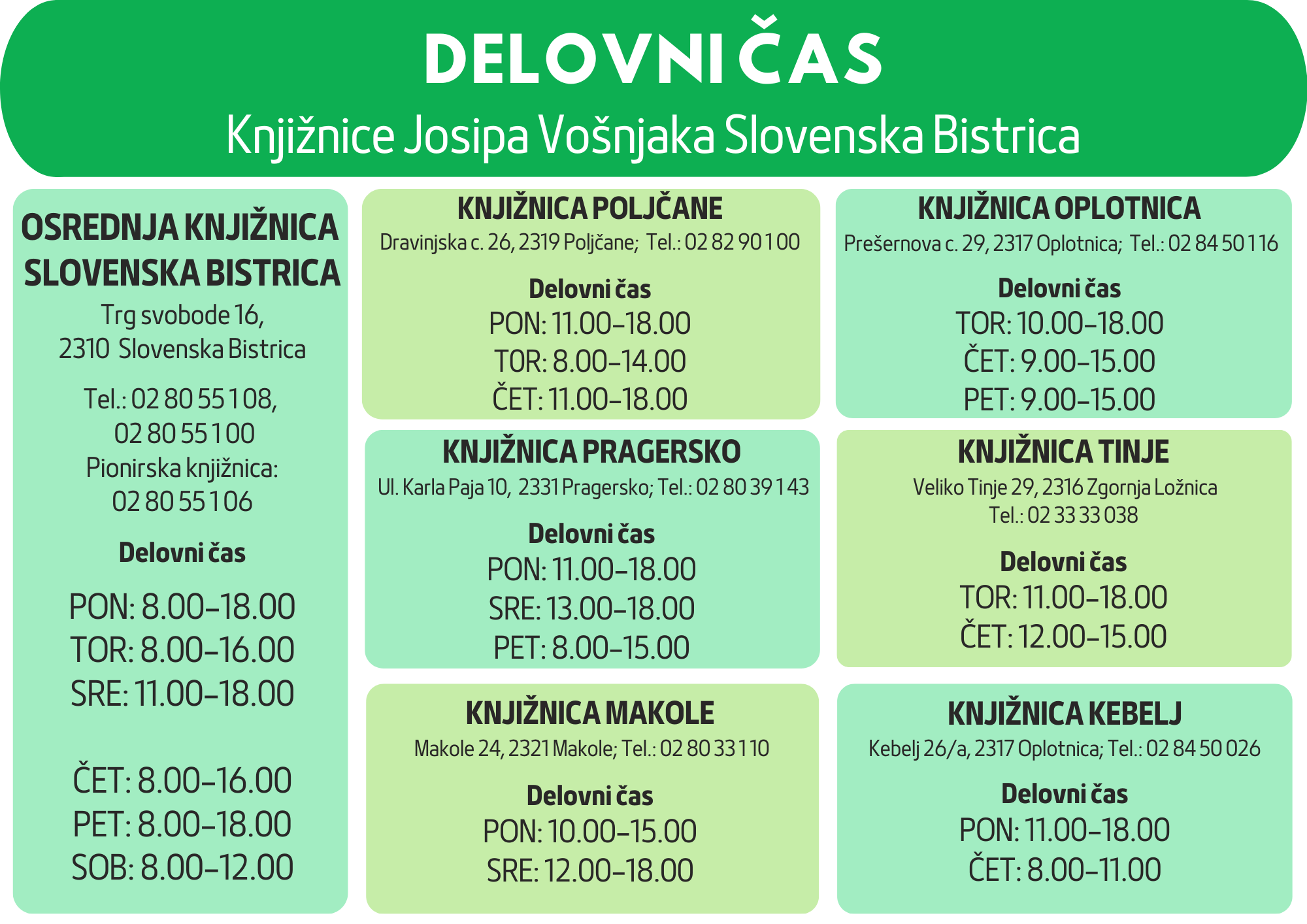 DELOVNI ČAS Knjižnice Josipa Vošnjaka Slovenska Bistrica 1